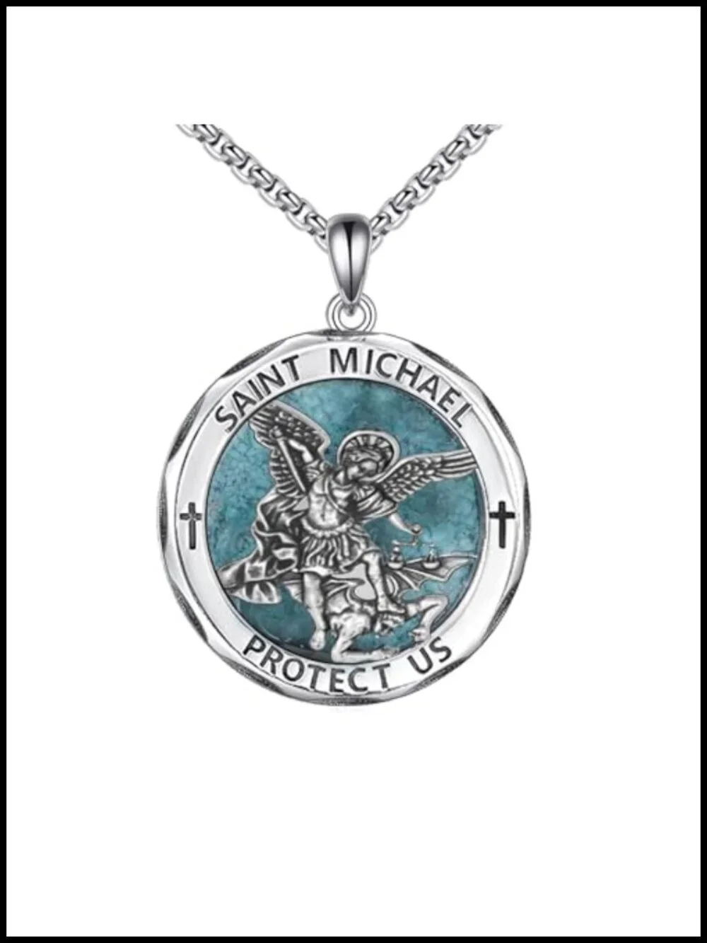 St Michael Medal Necklace Protection Pendant Men Women 18K White Gold Plated
